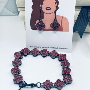 Red Crystal Clover Bracelet & Earrings Set - Women Jewelry